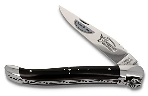 Laguiole Honoré Durand 12 cm Taschenmesser - dunkle Hornspitze - Pilger-Messer Sondermodell Jakobsmuschel - Klinge und Backen Stahl glänzend