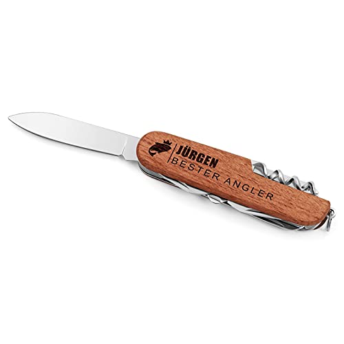 Maverton Taschenmesser mit Gravur - kompaktes Outdoormesser - personalisiert - 12 in 1 - aus Edelstahl + Holz - Länge: 9 cm - Geschenk zum Geburtstag für Männer - Braun - Angler