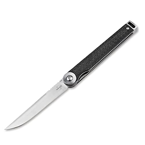 BÖKER PLUS® Kaizen Carbon Fiber S35VN - Tanto Taschenmesser japanisch - Gentleman Messer mit Flipper Klinge - leichtes EDC Klappmesser mit schwarzem Kohlefaser Griff -Einhandmesser mit Clip & Etui