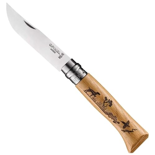 Opinel Messer - Größe 8 - Animalia - Motiv Hund - Sandvikstahl 12C27 - rostfrei - Eichenholz Griff, Braun