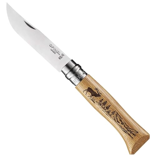 Opinel Messer - Größe 8 - Animalia - Motiv Hirsch - Sandvikstahl 12C27 - rostfrei - Eichenholz Griff, Braun