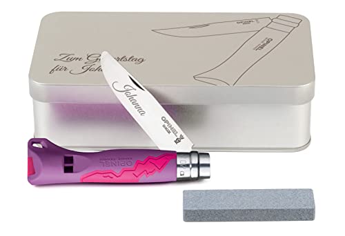 Kinder-Taschenmesser violett/pink Geschenkdose inkl. Schleifstein, Wunschgravur auf Klinge + Dose