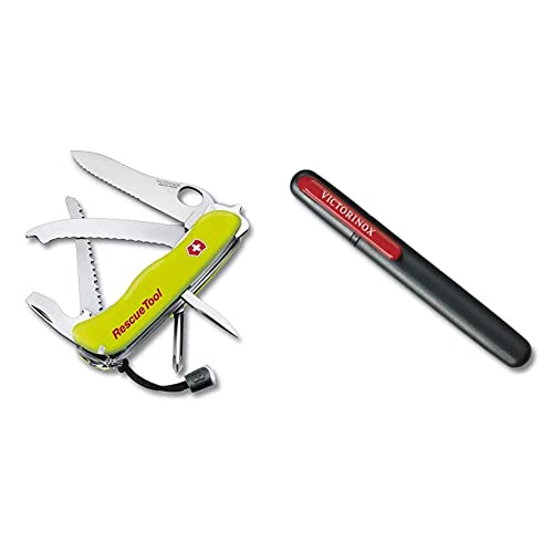 Victorinox Rescue Tool (15 Funktionen, Frontscheibensäge) gelb Nachtleuchtend & Dual, Tragbar, Schleifstein Grobschliff, Keramikplättchen Feinschliff