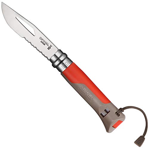 Opinel-Messer Nr. 8 Outdoor, Stahl Sandvik 12C27, rostfrei, Teilsägezahnung, Griff braun/rot, Signalpfeife, Schäkellöser