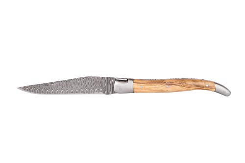 Laguiole en Aubrac Taschenmesser 12 cm, Griffschalen Olivenholz, Klinge und Backen matt, Damast