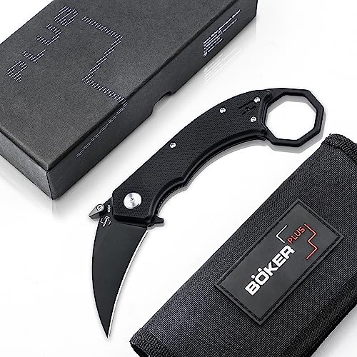 Böker Plus® Hel Karambit Black Klappmesser - scharfes Karambit Flipper Knife mit 6,1 cm Hawkbill Klinge & Daumen-Pin - klappbares Karambit Taschenmesser mit G10 Griff schwarz