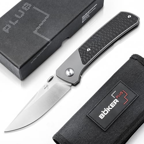 Böker Plus® Conductor Folder Knife - Taschenmesser hochwertig mit scharfer S35VN Klinge - Premium Klappmesser mit Kohlefaser Griff & Clip - High End Outdoor Messer - EDC Einhand Profi Messer in Etui