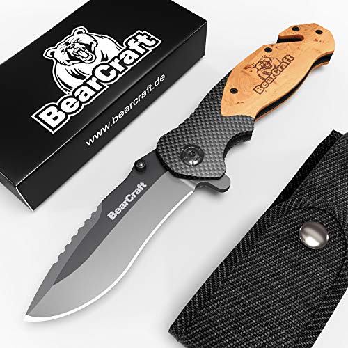 BearCraft Klappmesser in Carbon Design mit **GRATIS eBook** | Outdoor Survival Taschenmesser | Einhand-Rettungsmesser mit Glasbrecher und Gurtschneider