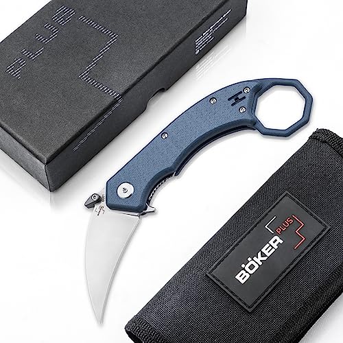 Böker Plus® Hel Karambit Grey Klappmesser - klappbares Karambit Taschenmesser mit G10 Griff blau-grau - scharfes Karambit Flipper Knife mit 6,1 cm Hawkbill Klinge & Daumen-Pin
