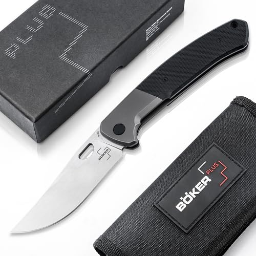 BÖKER PLUS® Elso Folder - Outdoor Einhand-Messer mit D2 Upswept Klinge - Profi Frame-Lock Messer groß - EDC Utility Knife mit G10 Griff schwarz - Klapp- & Taschen-Messer hochwertig mit Clip & Etui
