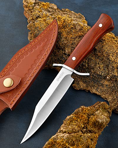 Omesio Bowie Messer mit Leder Scheide Outdoor Jagdmesser Messer klein scharf Buschcraft Messer scharf für Camping Angeln Jagt, Holzgriff