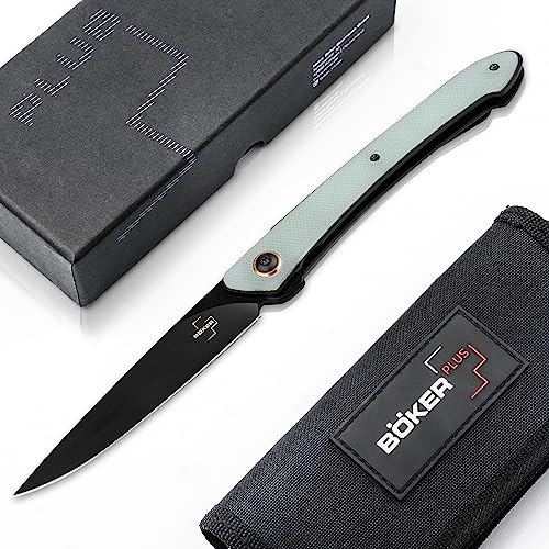 Böker Plus® Spillo Taschenmesser - schlankes Profi Klappmesser mit extra scharfer Spearpoint Klinge - leichtes & schmales Taschen-Messer mit Clip (Urban Spillo Jade G10)
