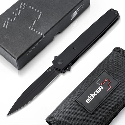 Böker Plus® Kwaiken Sym Dagger Knife - Dolch Taschenmesser mit Flipper schwarz - Klapp-Messer mit Clip beidseitige Klinge- EDC Einhandmesser Titan & G10 Griff & Liner-Lock in Etui