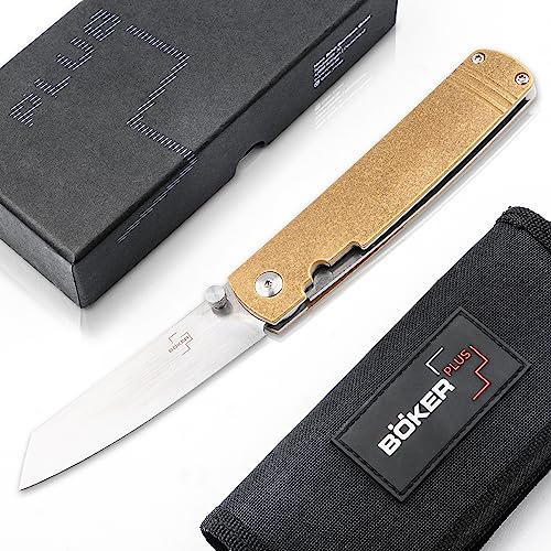 BÖKER PLUS® Tenshi Brass - Tanto Taschenmesser in japanischem Design - Gentleman Klappmesser Messing mit Tantoklinge - EDC Messer mit Etui in Geschenk-Box (Messing Taschenmesser)