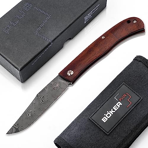 Böker Plus® Slack Damast - klassisches spanisches Taschenmesser - 110 Lagen Damaszener Navaja Messer - EDC Klapp-Messer mit Holz Griff in Geschenkbox