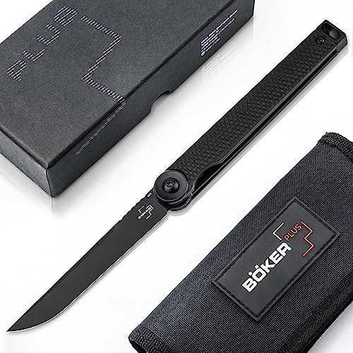 Böker Plus® Kaizen All Black S35VN Flipper Taschen-Messer - schwarzes EDC Gentleman Folder Knife japanisch - edles Linerlock Einhand Klappmesser mit G10 Griff, Clip & Etui