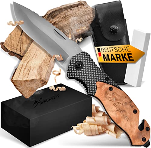 BERGKVIST® K20 Klappmesser (Zweihandmesser) mit Holzgriff & Titanium - Mitführen erlaubt - 3-in-1 Taschenmesser mit Glasbrecher und Gurtschneider