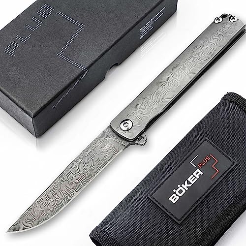 Böker Plus® Gemma Damast - kleines Tanto Taschenmesser mit Clip - leichtes Damaszener Einhandmesser mit Flipper - schmales Damaskus Gentleman Messer mit 110 Lagen - EDC Klappmesser mit Damast Griff