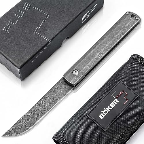 Böker Plus® Wasabi Damast - hochwertiges Damaszener Taschenmesser japanischer Stil - EDC 110 Lagen Damast Klapp-Messer mit Titan Griff in Geschenkbox