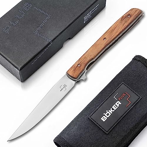 Böker Plus® Urban Trapper Flipjoint Taschenmesser - 42a konformes EDC Einhandmesser mit Holzgriff klappbar - 1 Hand Flipper Klappmesser mit Kugellager - Flipper EDC Gentleman-Messer mit Clip & Etui