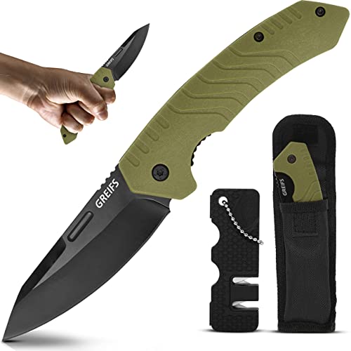 GREIFS® Klappmesser G1 (Zweihandmesser) mit Messerschärfer und Tasche, EDC Messer Outdoor & Survival Taschenmesser, Überlebensmesser, Jagdmesser (Green)