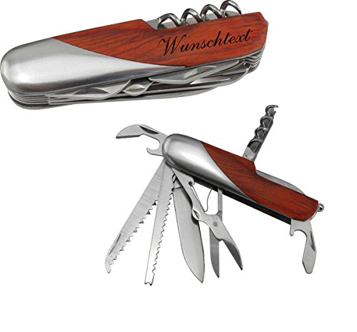 TH-Design Allround Taschenmesser Überlebensmesser 11-tlg aus Edelstahl mit Holzinlay inkl. Holzetui und Gravur Wunschtext