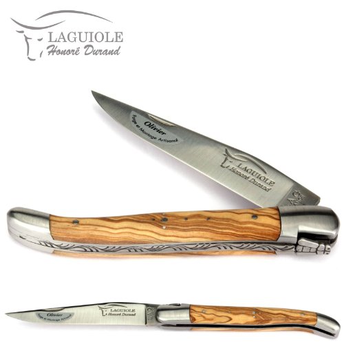 Laguiole Honoré Durand Taschenmesser Griff Olivenholz 12 cm Messer Klinge und Backen matt