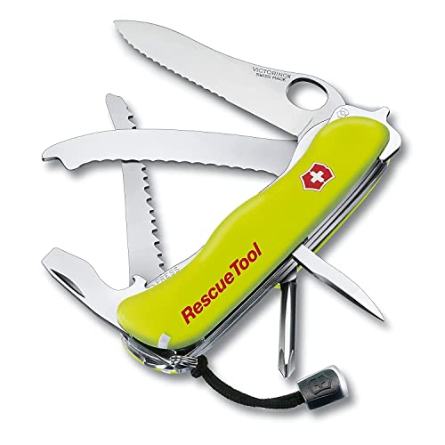 Victorinox Schweizer Taschenmesser Rescue Tool MW, Rettungsmesser Feuerwehr, 13 Funktionen, Klinge Wellenschliff, Einhand-Feststellklinge