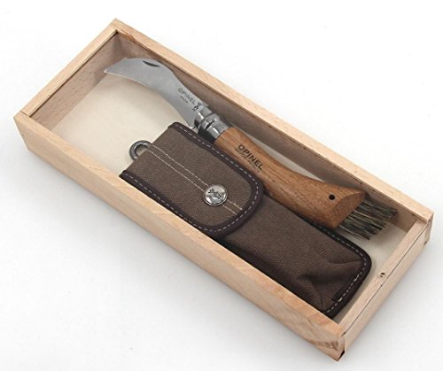 Opinel-Pilzmesser, 254148 rostfreier Sandvik-Stahl, Eichenholz, Wilschweinborsten, Stoffetui, Holzbox