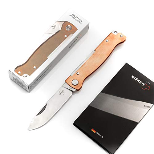 Böker Plus® Atlas Messer - kleines Slipjoint Taschenmesser - Klappmesser mit Metall Griff - EDC Vollmetall Messer - Vintage Sandvik Messer (Taschenmesser Kupfer)