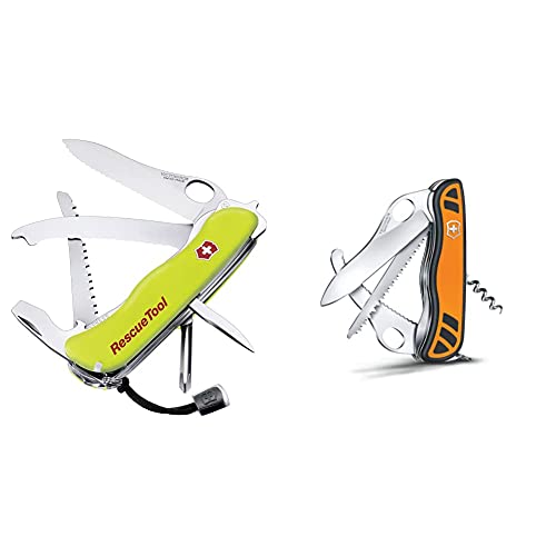 Victorinox Taschenmesser Rescue Tool (15 Funktionen, Frontscheibensäge, Scheibenzertrümmerer) gelb Nachtleuchtend & Taschenmesser Hunter XT Grip (6 Funktionen, Kordel) orange/schwarz