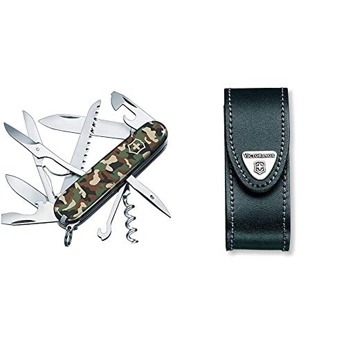 Victorinox Taschenmesser Huntsman (15 Funktionen, Schere, Holzsäge, Korkenzieher) camouflage & Leder-Etui (für Taschenmesser, Gürtelschlaufe, Klettverschluss, schwarz, 3cm x 10cm) schwarz