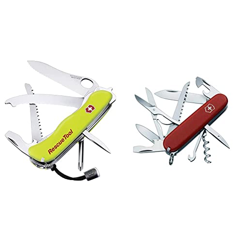 Victorinox, Taschenmesser, Rescue Tool MW, 111 mm, gelb nachleuchtend (13 Funktionen, Kapselheber, mit Wellenschliff) & Taschenmesser, Huntsman, 91 mm, rot (15 Funktionen, Korkenzieher, Dosenöffner)