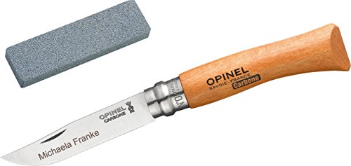 Opinel No.7 Carbon Set: Taschenmesser + Schleifstein, incl. Wunschgravur auf der Klinge in Geschenk-Schachtel