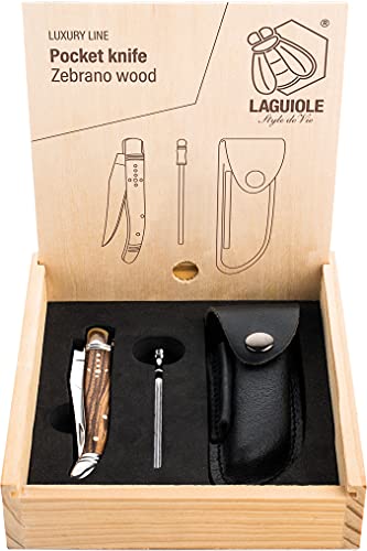 Laguiole Style de Vie Taschenmesser mit Wetzstahl & Ledertasche, Zebranoholz, mit Geschenkbox