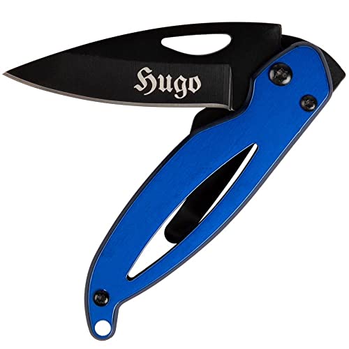 Ocadeau Blau-schwarzes Stahl-Taschenmesser mit Textgravur - Kleines Taschenmesser in Blau und Schwarz mit personalisierbarer Gravur