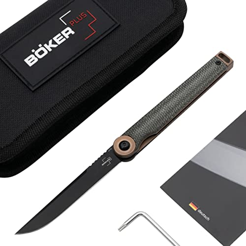 BÖKER PLUS® Kaizen Green Canvas Micarta - leichtes EDC Taschenmesser mit Micarta Griffmaterial - Gentleman Knife D2 Stahl Klinge - Linerlock Klappmesser