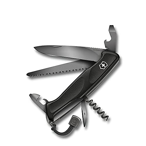 Victorinox Schweizer Taschenmesser Ranger 55 Onyx Black, Swiss Army Knife, Multitool, 13 Funktionen, Feststellklinge, Dosenöffner, Schraubendreher