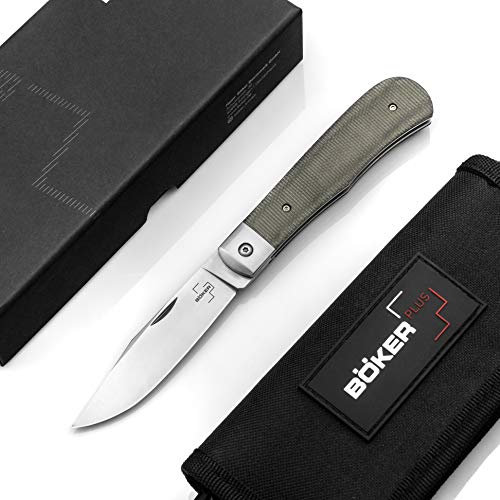 Böker Plus® Bonfire - klassisches Taschenmesser mit dezentem Finger-Flipper- Einhand EDC Messer mit D2 Klinge 8 cm - Profi Klappmesser in Messeretui (Micarta Taschenmesser)