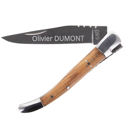 Ocadeau Taschenmesser mit Griff aus Olivenholz und personalisierbarer Gravur - Taschenmesser aus Olivenholz und Textgravur auf der Klinge