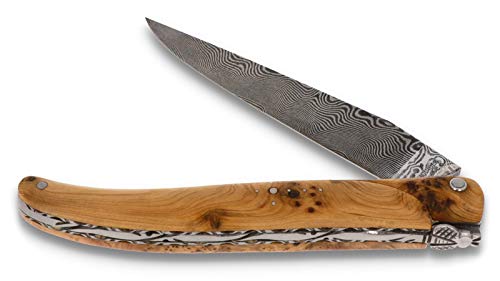 Laguiole en Aubrac Messer 12 cm - Wacholder plein manche - Zisellierte Platine - Damastklinge - Frankreich Taschenmesser