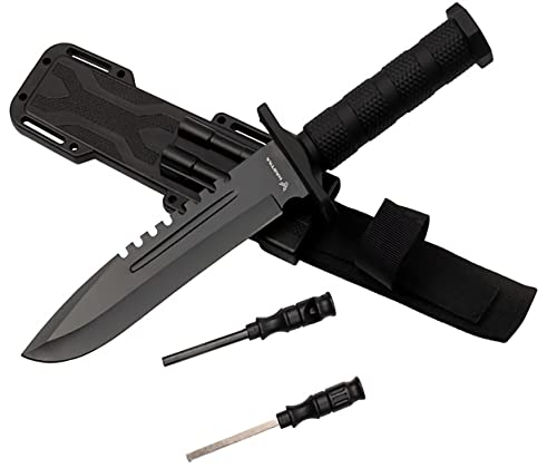 HASTAA Outdoor Messer Survival mit Scheide, Messerschärfer - Survival Messer mit Feuerstahl - Camping Messer - Bushcraft Messer Feststehende Klinge