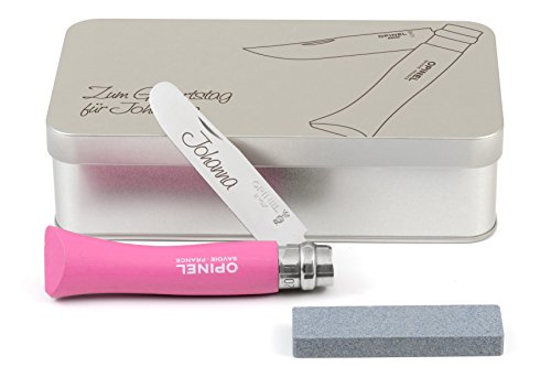 Opinel Kinder-Taschenmesser pink Geschenkdose inkl. Schleifstein und Wunschgravur auf Klinge + Dose