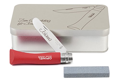 Opinel Kinder-Taschenmesser rot Geschenkdose inkl. Schleifstein und Wunschgravur auf Klinge + Dose