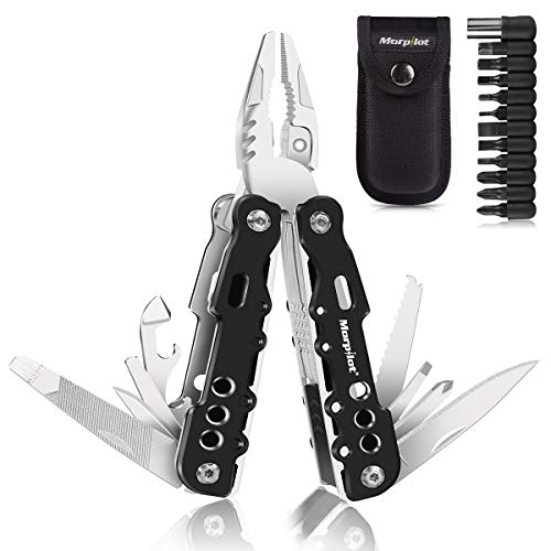 morpilot Multitool, 25-in-1 Multifunktionswerkzeug mit Taschenmesser Zange, Faltbares Multitool Werkzeug als Schneider, Flaschenöffner und Karabiner, mit 11 Schraubendreher Bits und Gurtcliptasche