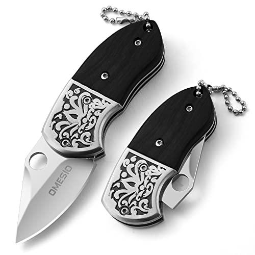 Omesio Mini Taschenmesser Schlüsselanhänger Zweihand Klappmesser Klein scharfes Schlüssel Messer, Holzgriff (B- Gespitzt- Schwarz)