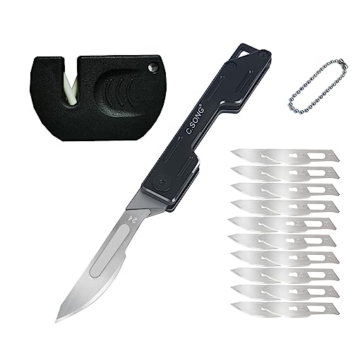 C.SONG Mini Skalpell Klappmesser mit Messerschärfer, Edelstahl Einhandmesser Messer mit 20 auswechselbare Klingen Figur 24, Klein Taschenmesser für Outdoor, Camping, Survival & Angeln