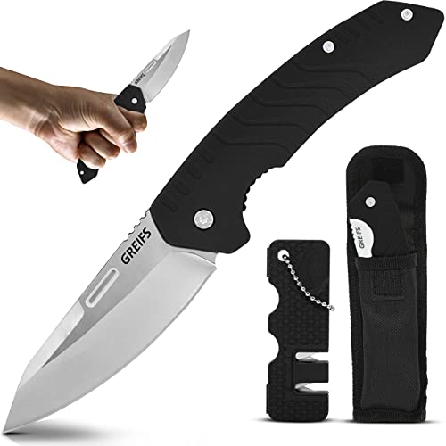 GREIFS® Klappmesser G1 (Zweihandmesser) mit Messerschärfer und Tasche, EDC Messer Outdoor & Survival Taschenmesser, Überlebensmesser, Jagdmesser (Silver)