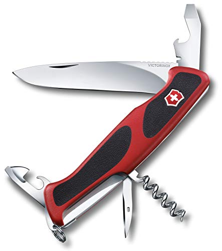 Victorinox Schweizer Taschenmesser Gross, Ranger 68 Grip, Swiss Army Knife, 11 Funktionen, Feststellklinge, Dosenöffner, Korkenzieher, rot/schwarz