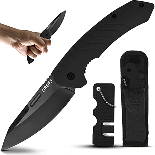 GREIFS® Klappmesser G1 (Zweihandmesser) mit Messerschärfer und Tasche, EDC Messer Outdoor & Survival Taschenmesser, Überlebensmesser, Jagdmesser (Black)